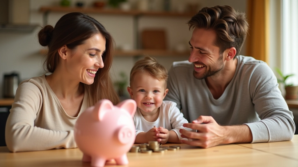Parent et enfants assis ensemble à une table en train de discuter d'épargne avec des pièces de monnaie et des tirelires visibles