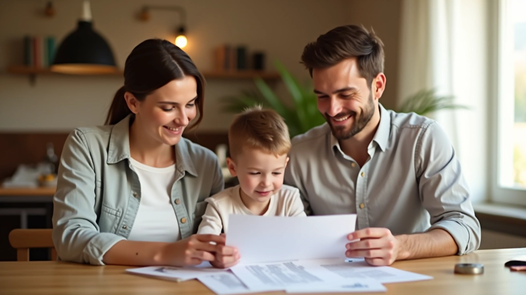 Famille discutant stratégie d'épargne autour d'une table avec documents financiers
