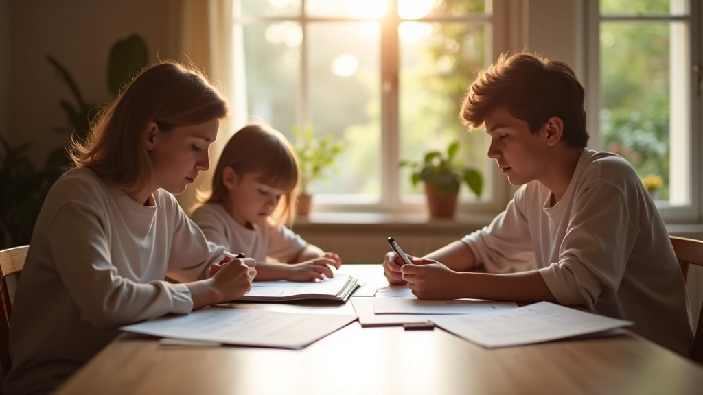 Famille autour d'une table examinant des documents budgétaires et des relevés bancaires