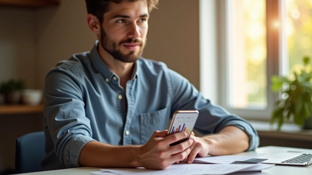 Personne regardant son téléphone intelligent affichant une application de gestion budgétaire avec graphiques de dépenses et économies
