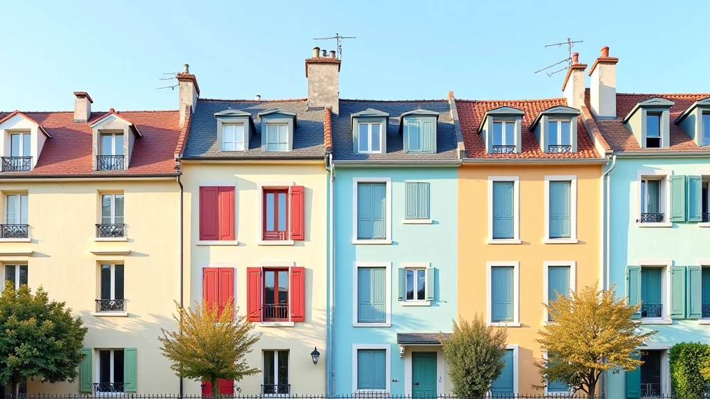 Rangée de maisons colorées traditionnelles européennes avec des fenêtres à volets, architectures variées représentant différents styles régionaux