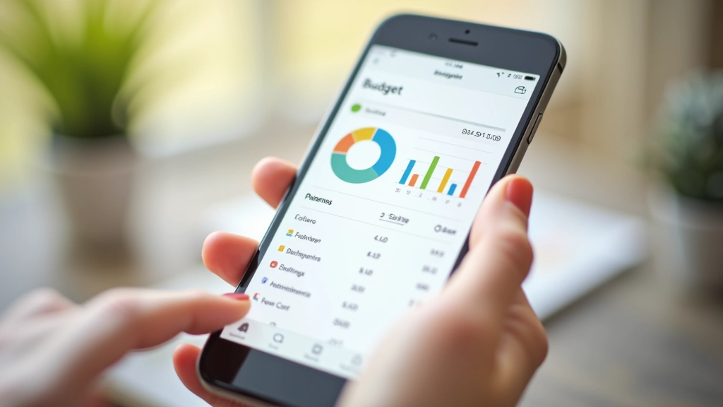 Écran d'une application mobile montrant un tableau de bord avec des graphiques circulaires et des statistiques de dépenses mensuelles en couleurs