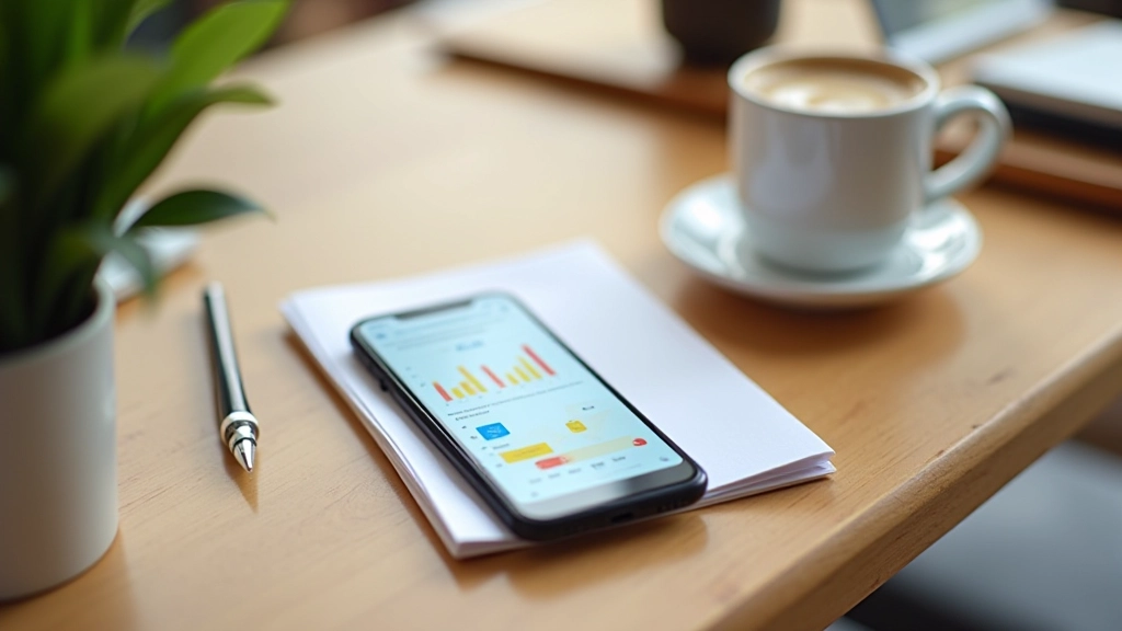 Smartphone affichant une application de gestion budgétaire avec graphiques colorés et objectifs d'épargne