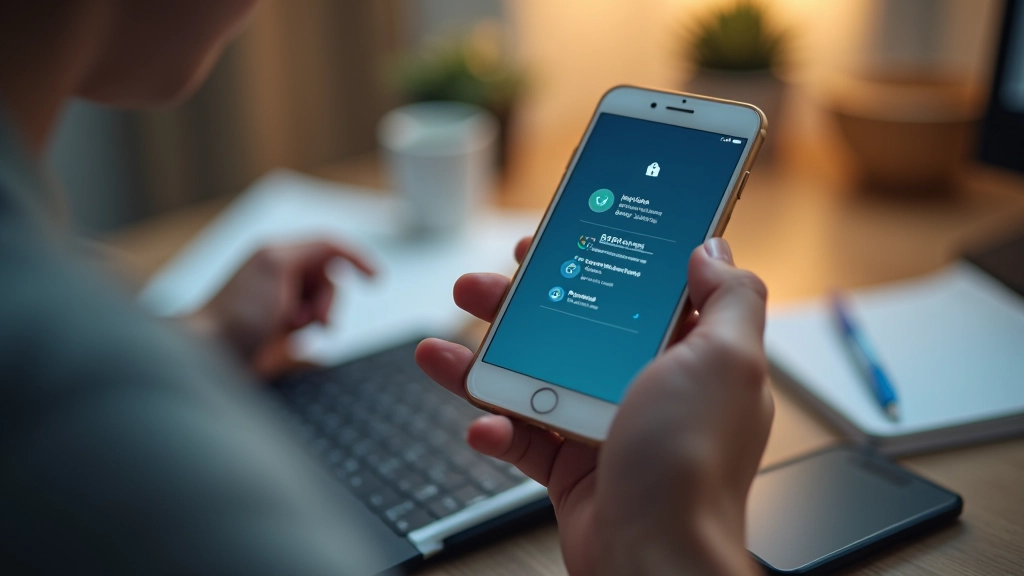 Gros plan sur une main tenant un téléphone mobile affichant des notifications de sécurité, sur un bureau avec un clavier d'ordinateur flou en arrière-plan