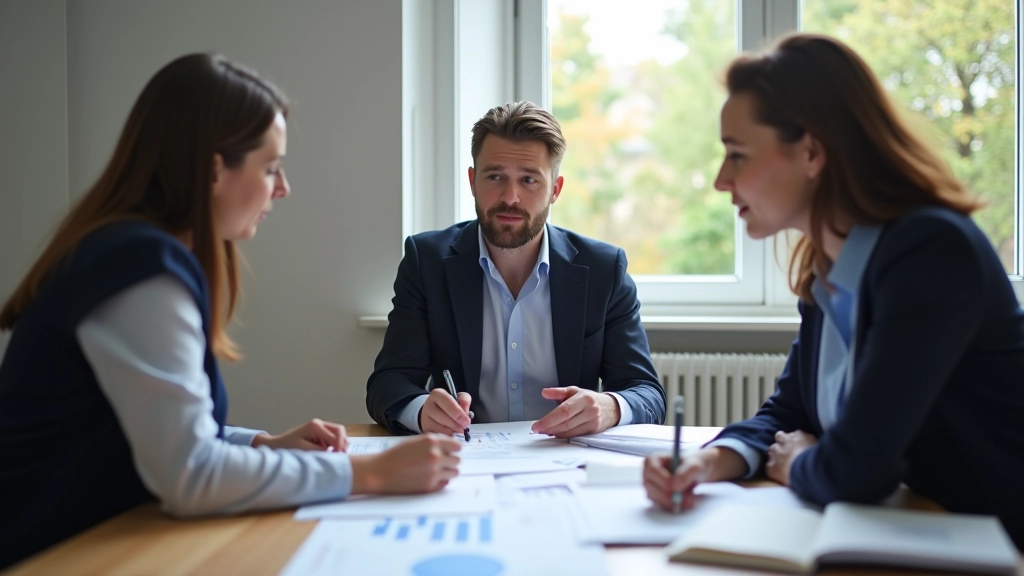 Trois professionnels en tenue de bureau discutant autour d'une table avec graphiques et données financières