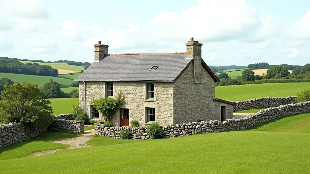 Maison bretonne traditionnelle avec jardin entouré de prairies vertes en campagne