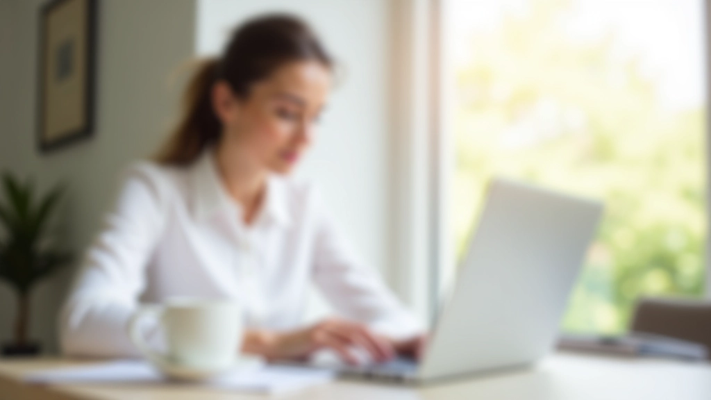 Jeune femme en tenue professionnelle assise à un bureau blanc, travaillant sur un ordinateur portable avec une tasse de café à proximité