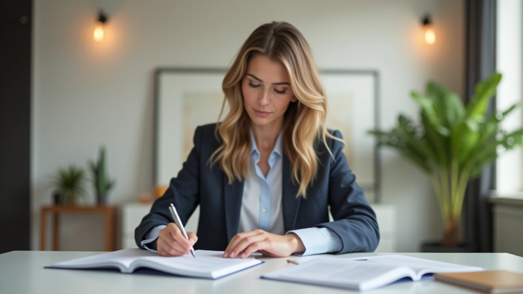 Femme analysant données financières à son bureau à domicile avec graphiques détaillés