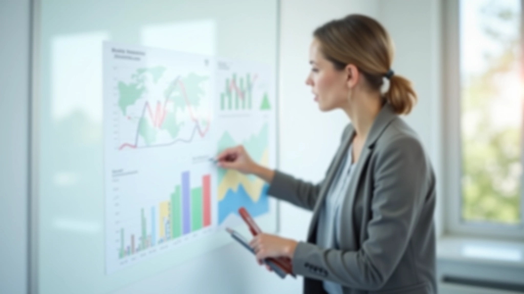 Femme analysant des graphiques financiers sur un tableau blanc avec des marqueurs colorés