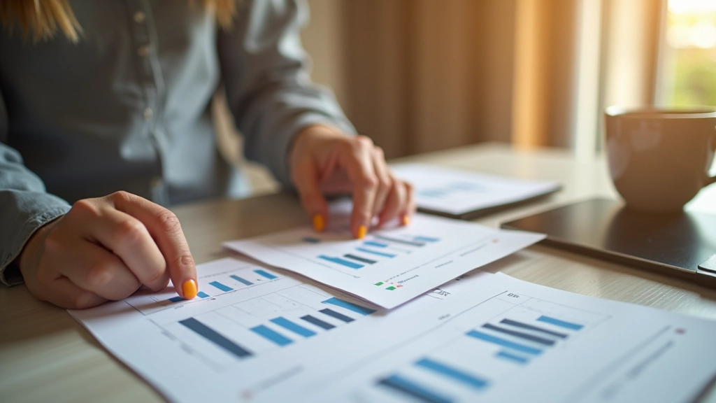 Femme à un bureau avec des graphiques d'analyse financière imprimés et une tasse de café