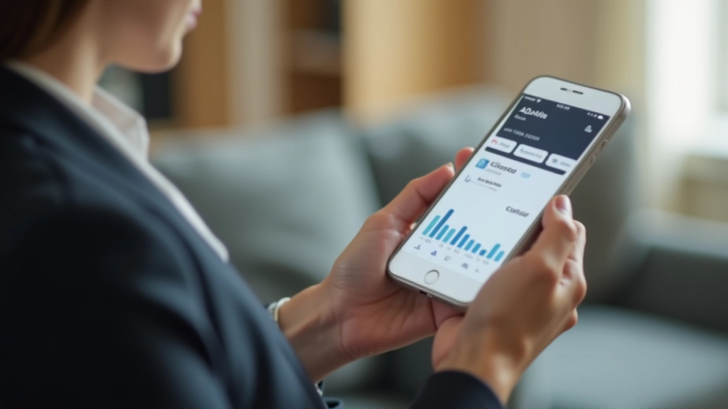 Femme utilisant une application bancaire mobile sur son téléphone intelligent, écran montrant des statistiques et des graphiques financiers en temps réel